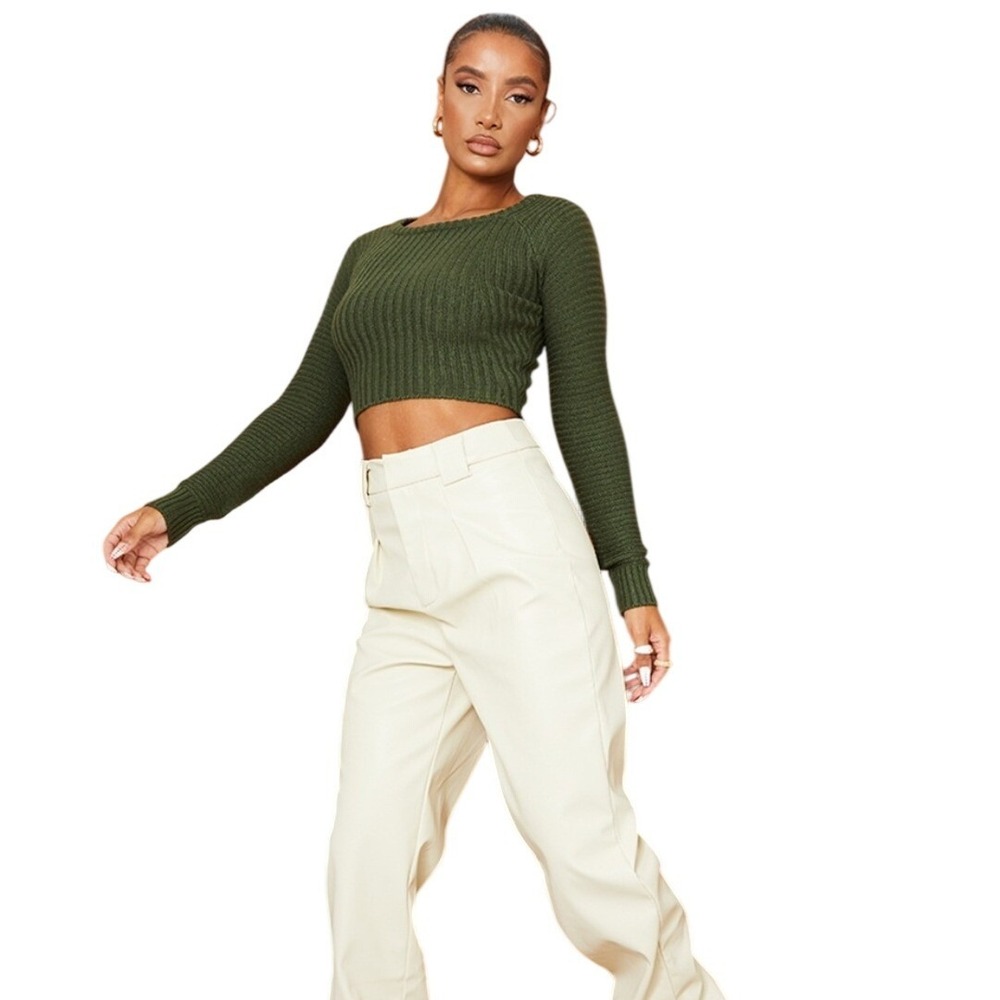 PrettyLittleThing‎ Plus Olive Green Ribbed Cropped Sweater Long Sleeve XL NEW